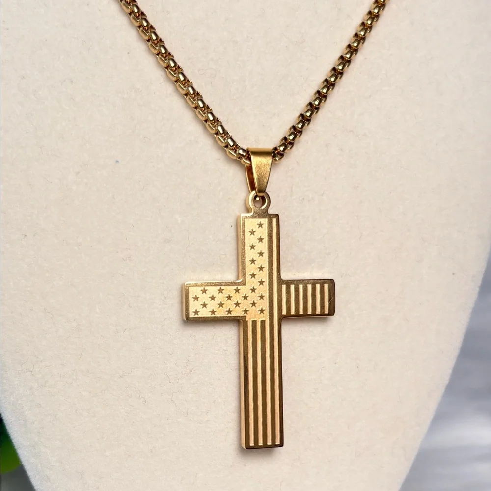 Gold‎ Cross With American Flag Necklace